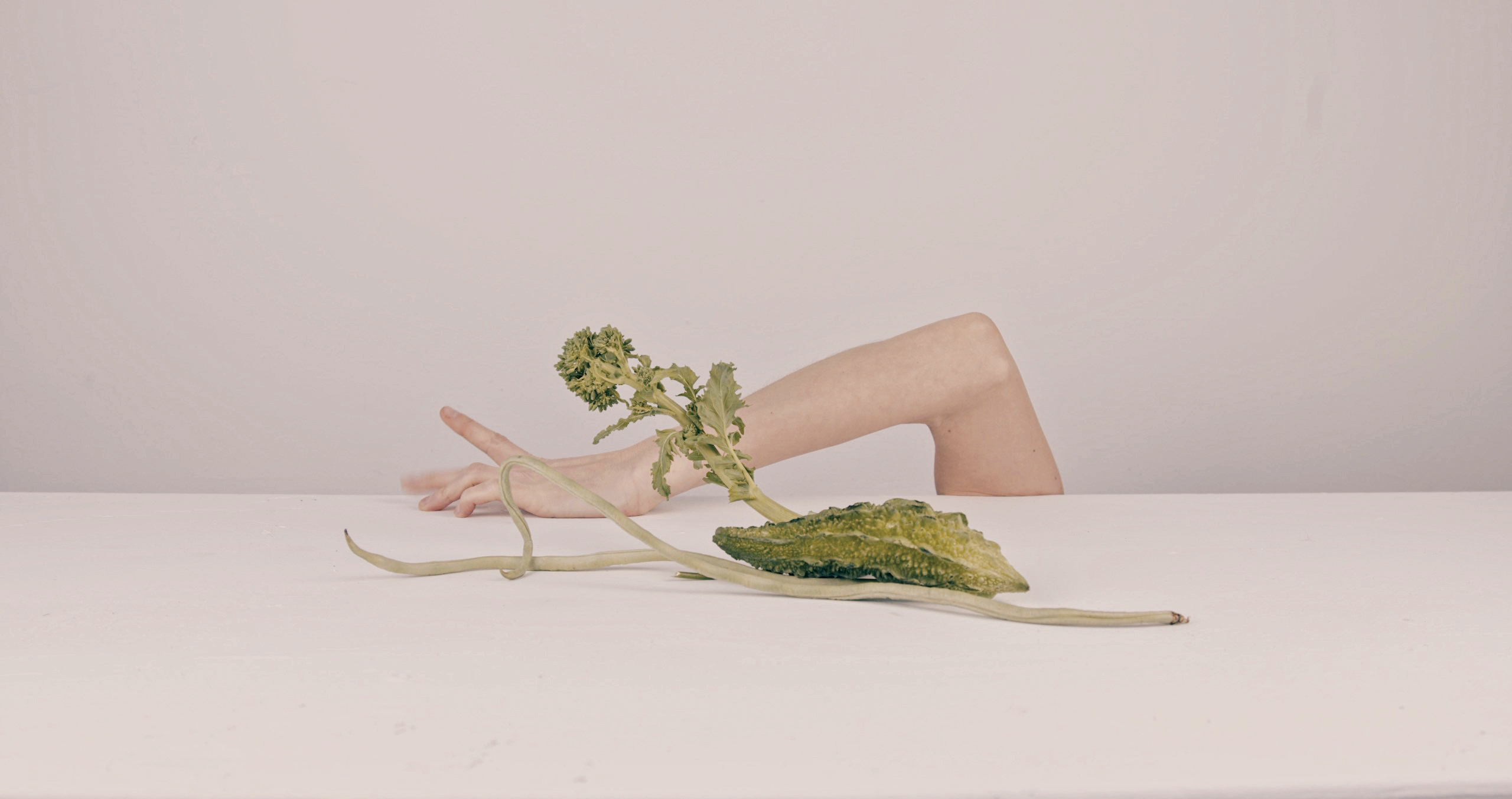 A video still shows a person's arm coming to rest upon a plain white table. Sitting in front is a gourd, a long green bean, and a leafy plant stem.