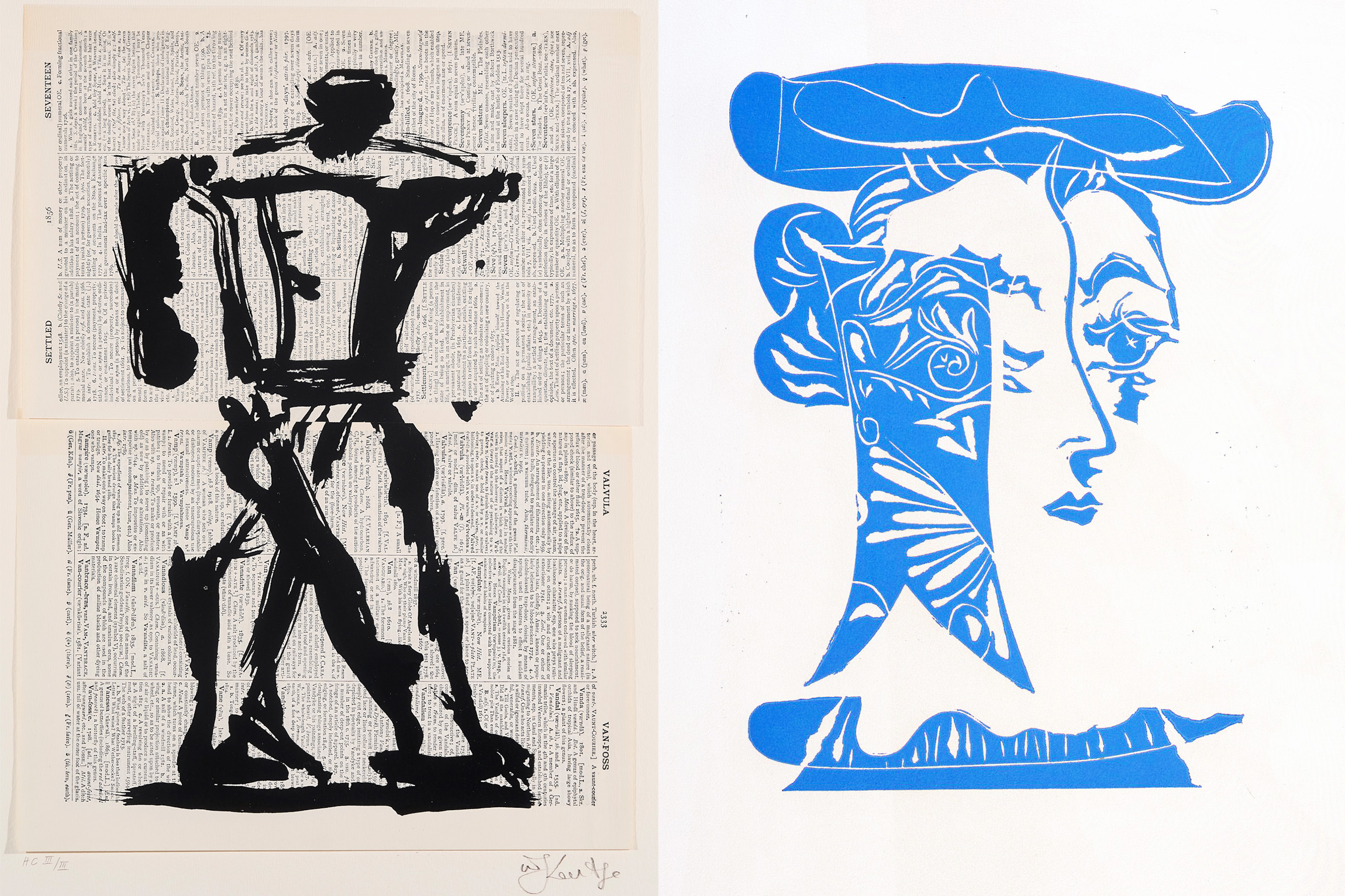 Two figurative prints are shown side by side, one by William Kentridge, the other by Pablo Picasso.