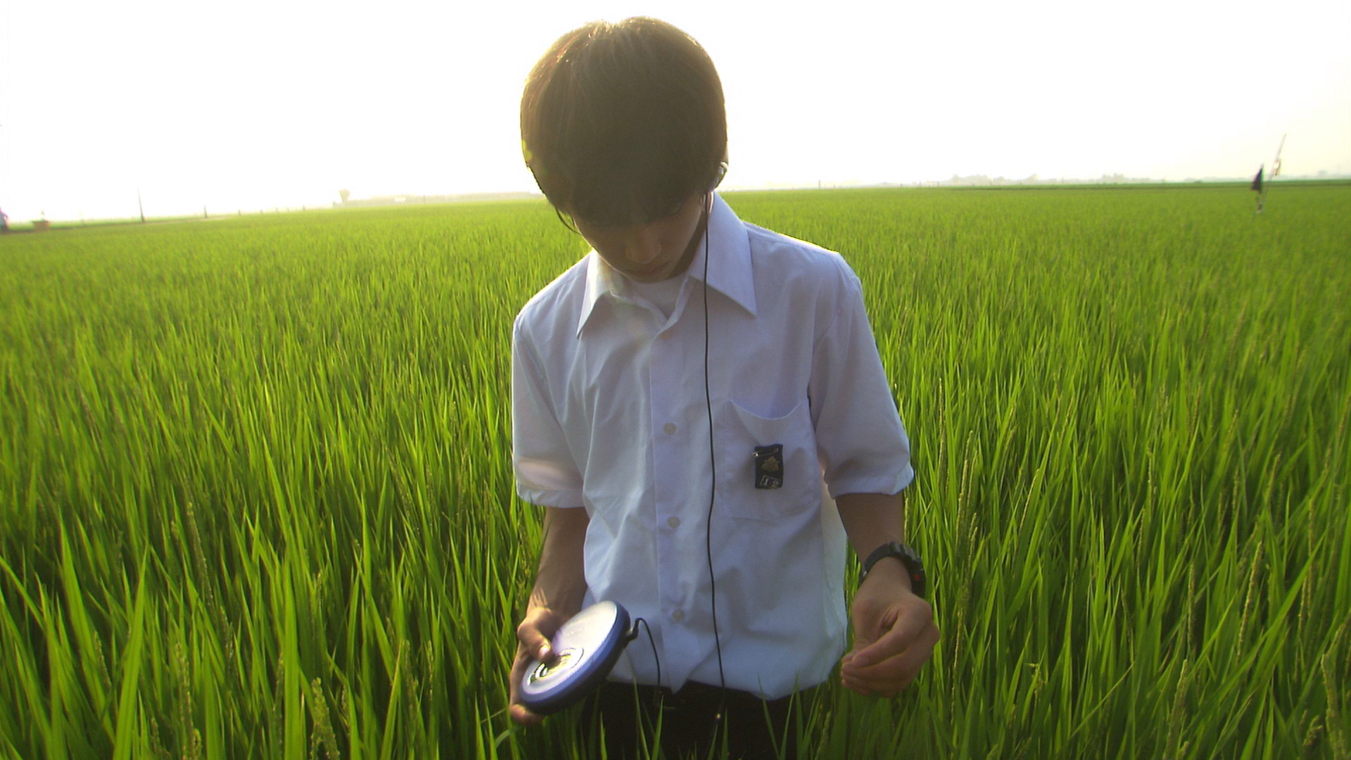 A person stands in a green field holding a discman